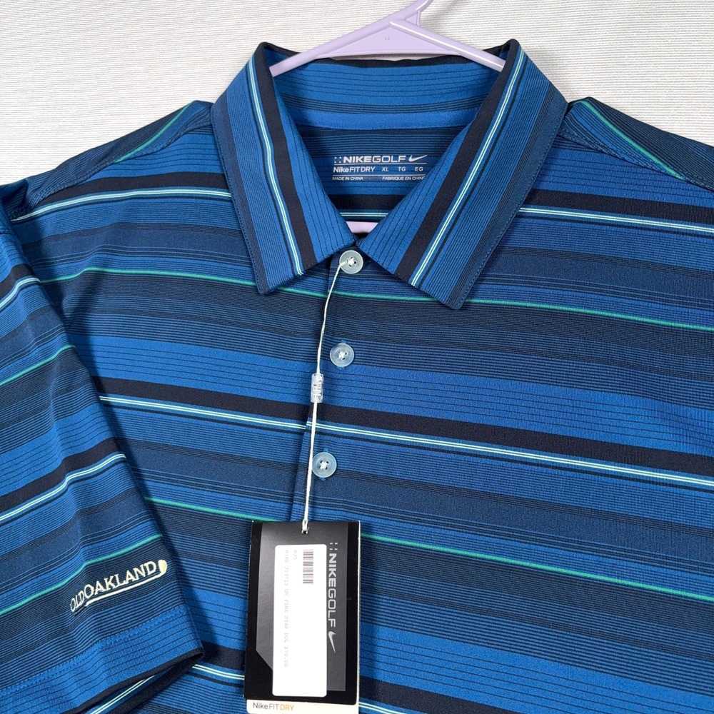 Nike Golf Fit Dry Polo Shirt Mens XL Blue Green Striped NEW Old Oakland Logo